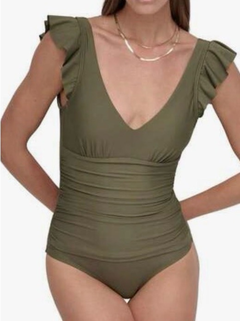 Dkny Olive Ruffle Shoulder V-Neck One Piece Swimsuit Womens L NWT